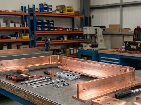 Copper busbars being cut, bent and assembled on a workbench in KMT's panel workshop