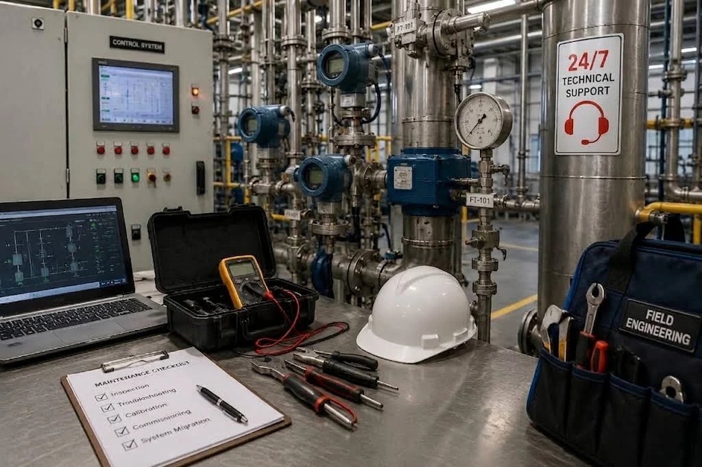 KMT field engineering toolkit, maintenance checklist, and multimeter beside plant instrumentation and a control system panel