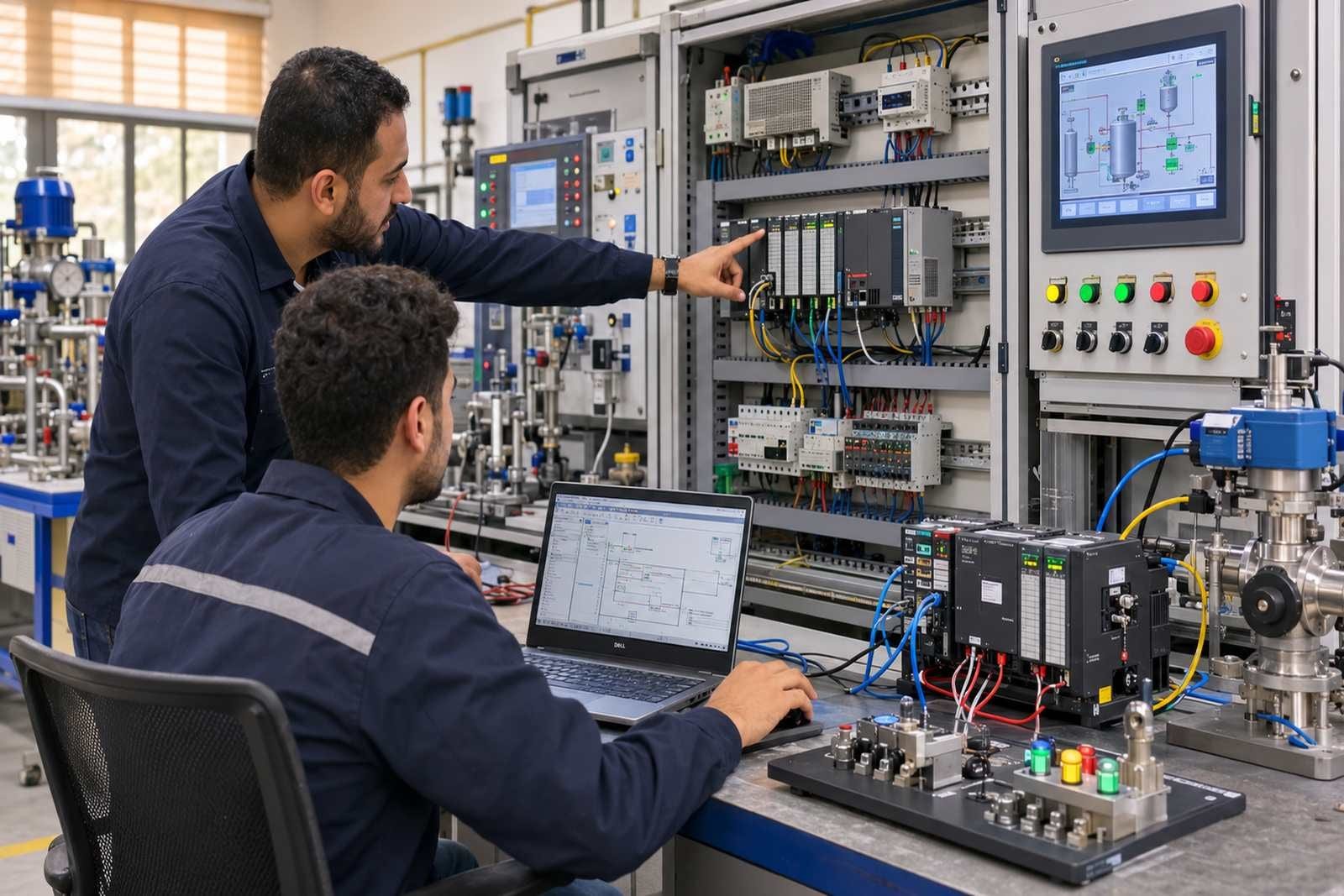 A KMT technician wiring a terminal rail on a training bench